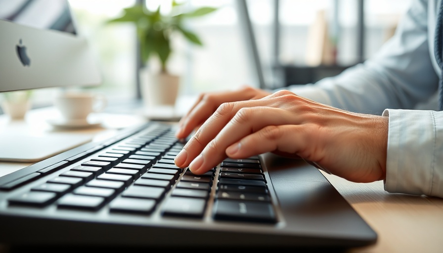 Hands typing on keyboard beside laptop in office, X file attachments context.