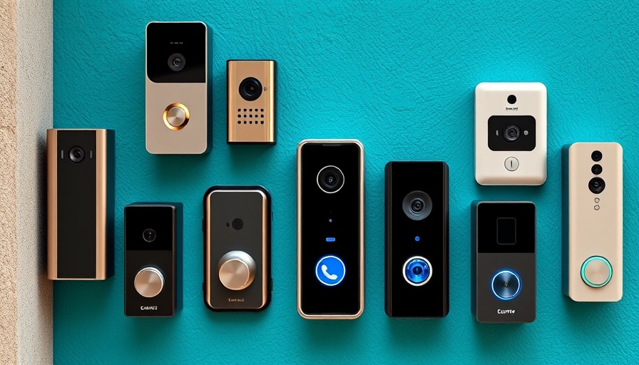 Modern video doorbells on teal background showcasing designs.