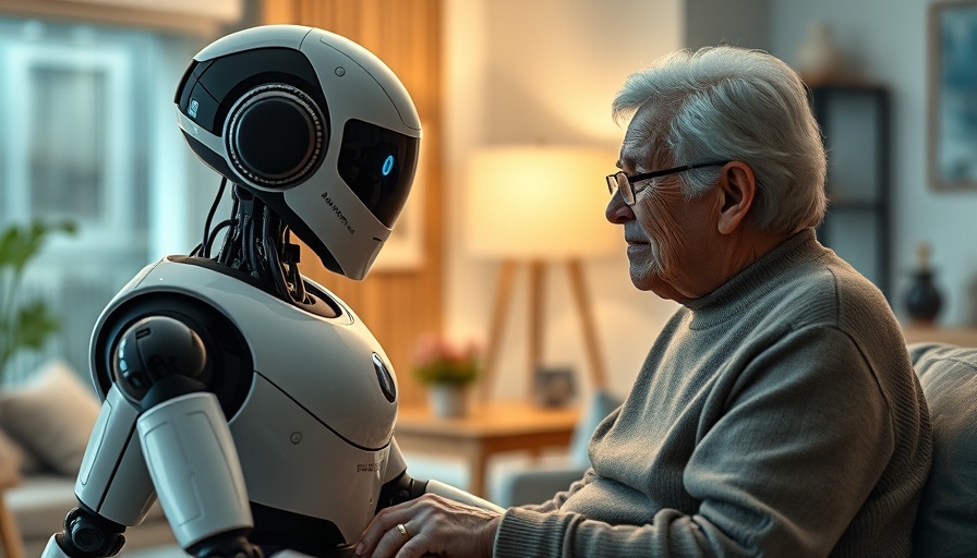 Futuristic home-care robot assisting elderly in cozy setting