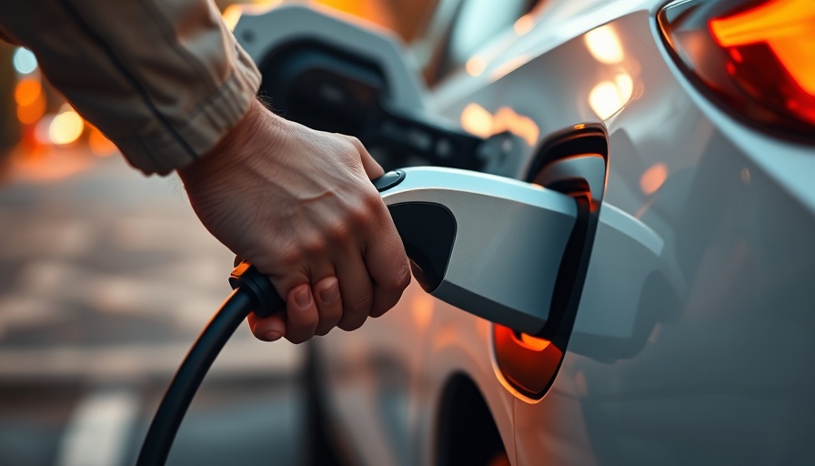 Electric car charging close-up with charger and hand, warm orange glow.