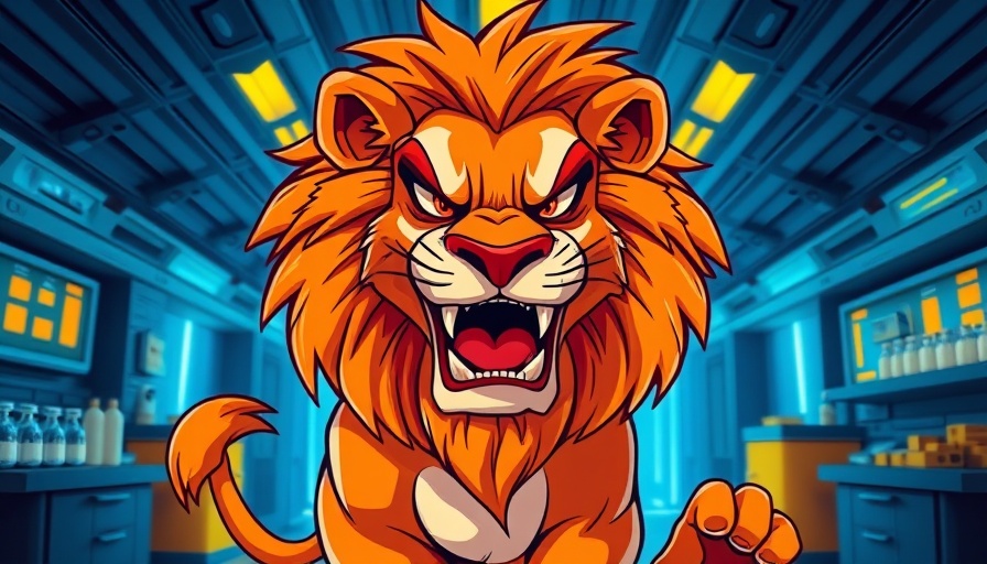 Bold lion in futuristic cartoon lab illustration for six-word stories.