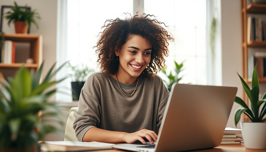 Young woman working on a laptop, remote work promotions concept.