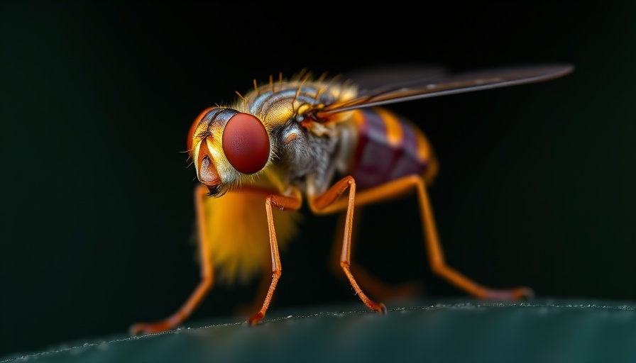 Macro shot of vibrant orange and purple fruit fly.