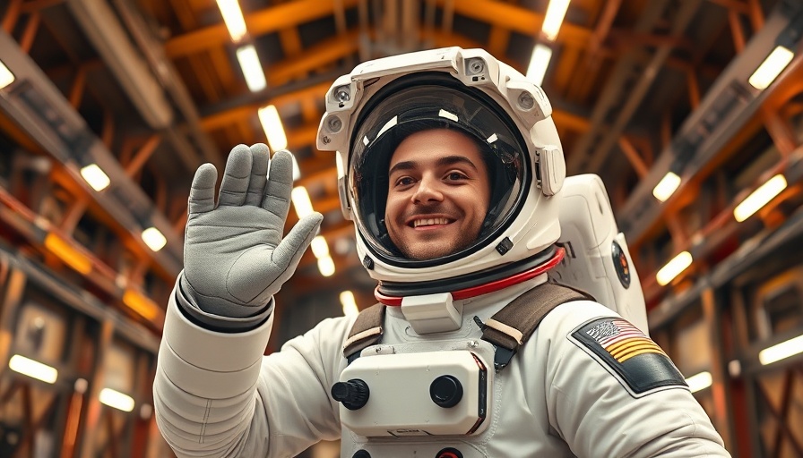 Smiling astronaut waving in a space hangar