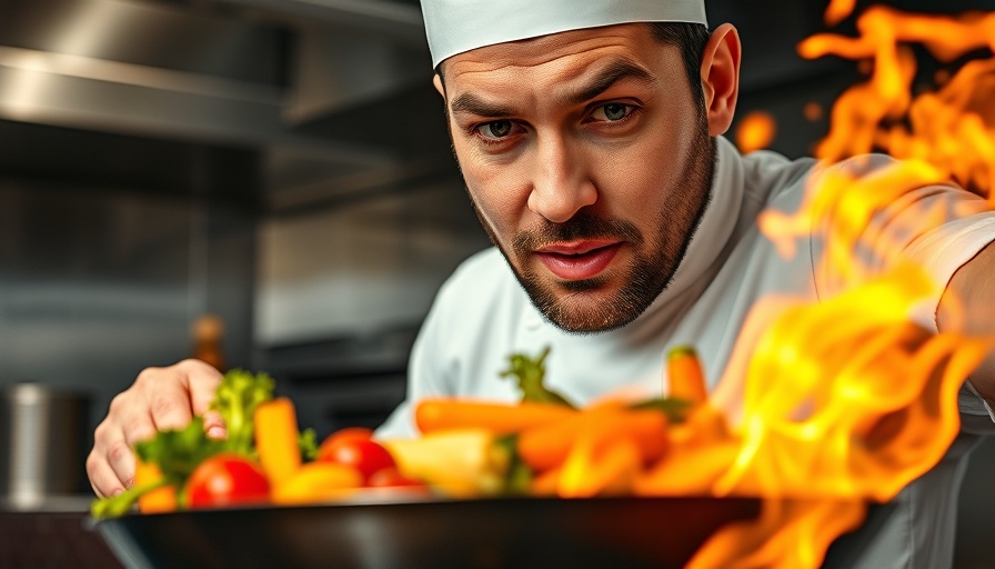 Dynamic chef cooking vegetables in flaming pan, close-up action shot.