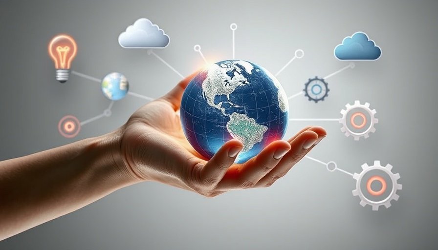 Futuristic hand with digital globe and tech icons, global websites concept