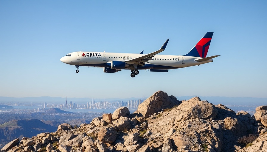 Delta Airlines jet landing with city skyline background, Delta AI assistant.