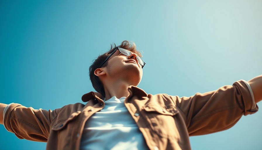 Low angle shot of a person with outstretched arm against a clear blue sky