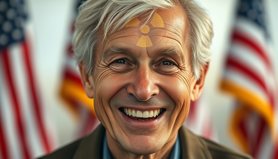 Image of a smiling man with radiation symbol, American flags backdrop.