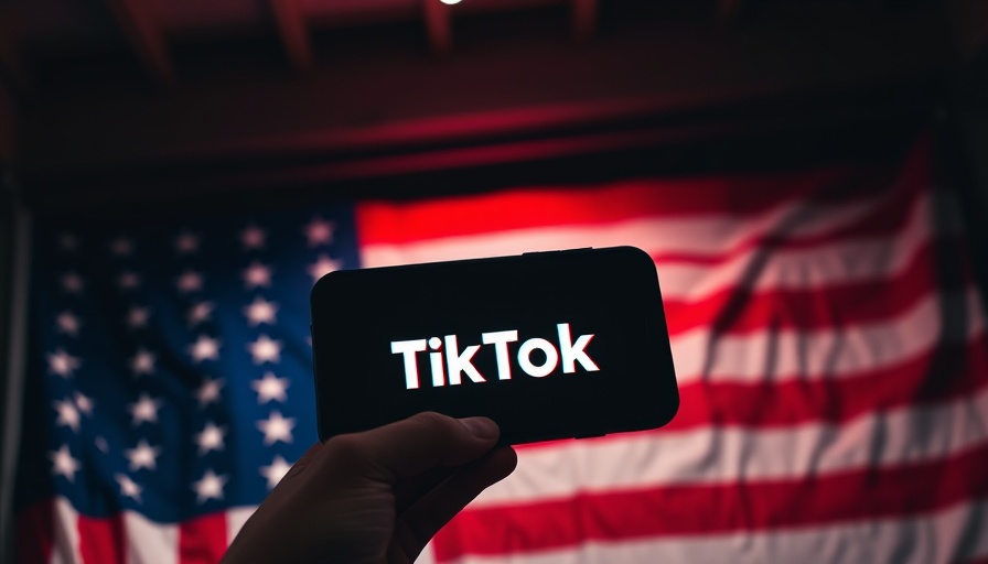 TikTok logo on phone against USA flag backdrop, symbolizing TikTok ban.