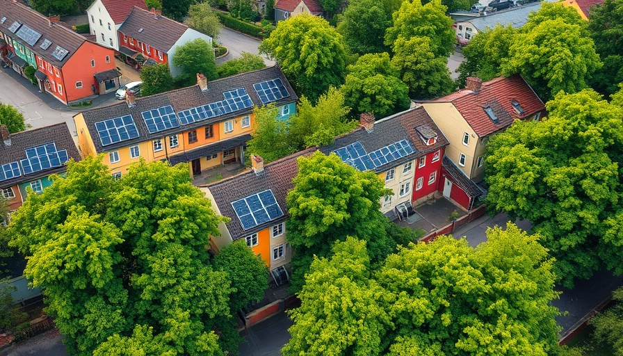 Aerial view of colorful urban row houses with solar panels and greenery.