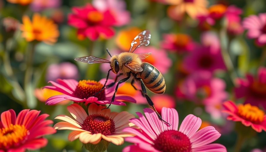 Futuristic robotic pollinator in a vibrant garden setting.