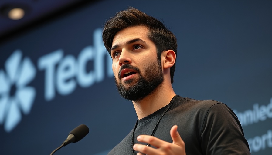 Young man discussing at tech conference backdrop for Perplexity acquisition.