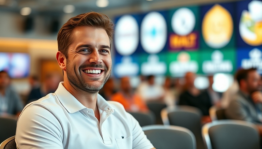 Man smiling cheerfully at a conference, white polo shirt.