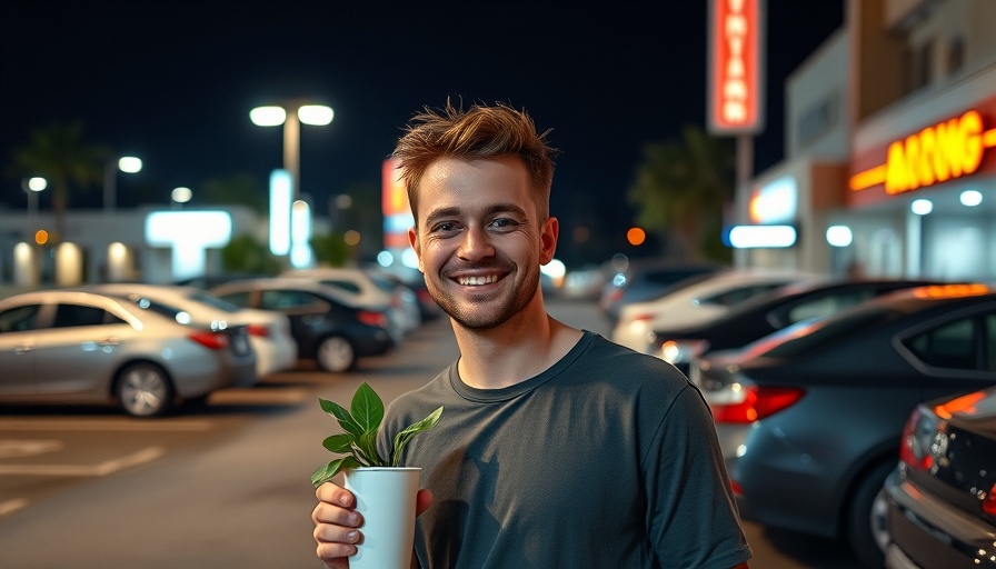 Casual man with a plant at night in a parking lot.