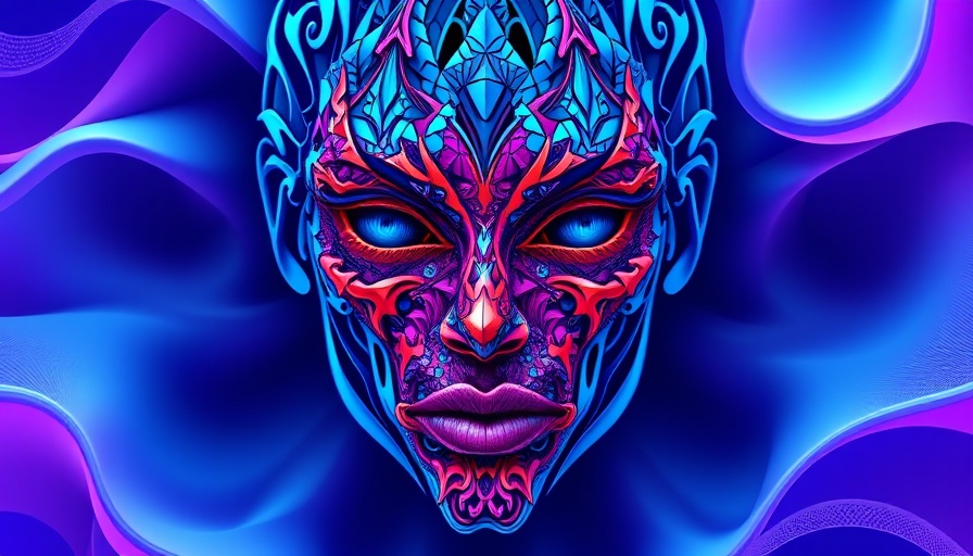 Complex pixelated face design with vivid colors in 3D tech art.