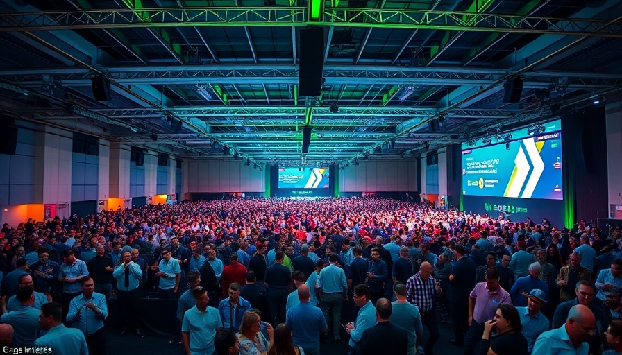 TechCrunch Disrupt 2025 conference with large audience and green lighting.