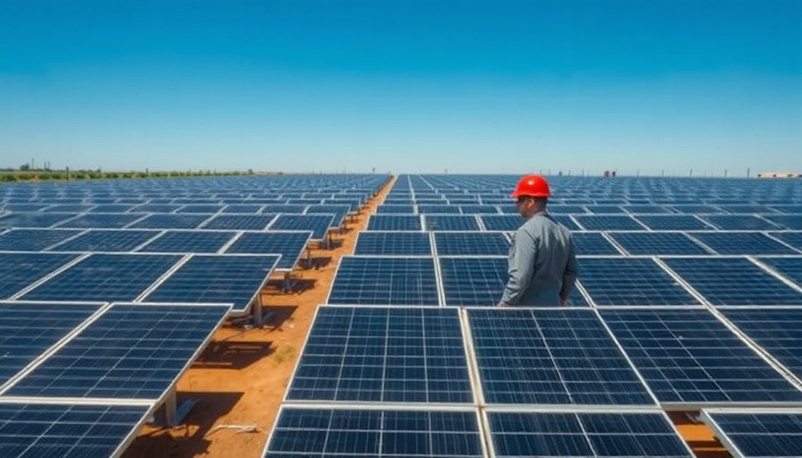 Aerial view of solar panel field with a worker inspecting for Stargate AI venture.