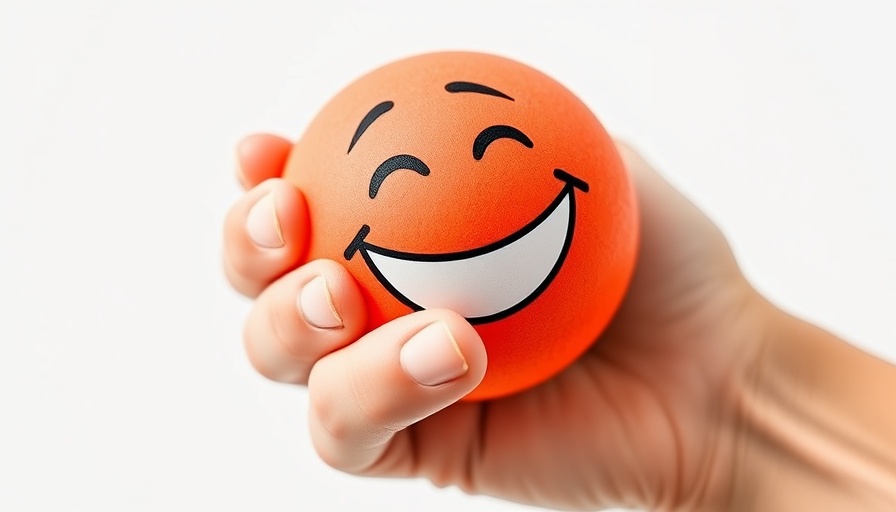 Hand holding a cheerful smiley face stress ball.