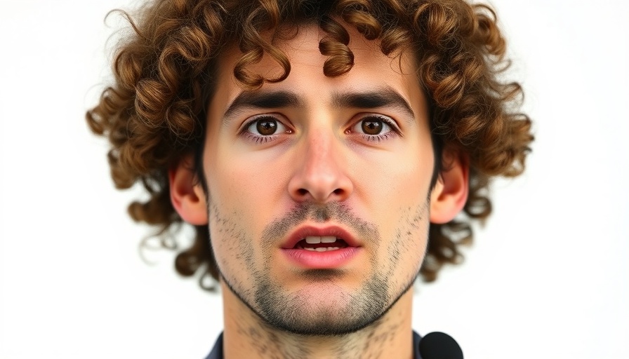 Curly-haired person speaking with a serious expression at an event.