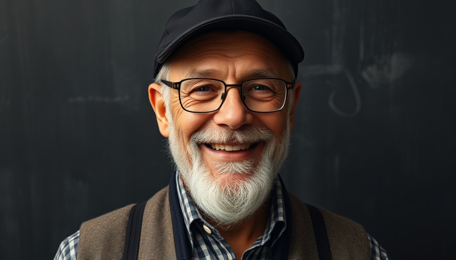 Distinguished man in patterned vest, warm smile, dark background.