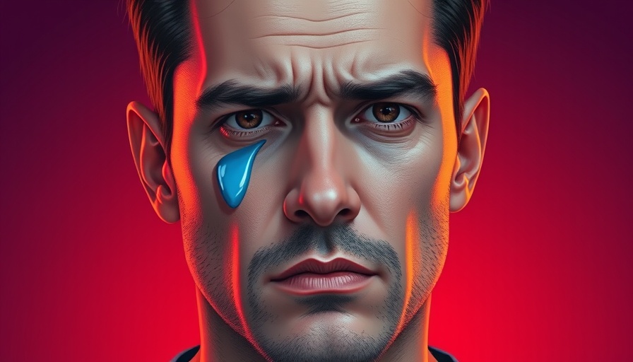 Digital art of a man with cartoon tear in vibrant gradient background