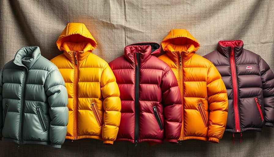 Colorful sustainable outdoor jackets displayed on textured background.