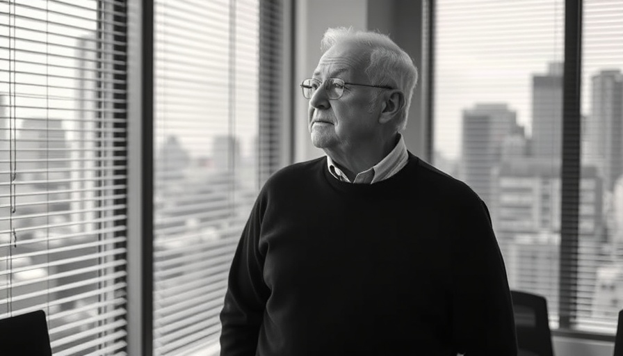 Thoughtful elderly man gazing outside through office blinds.