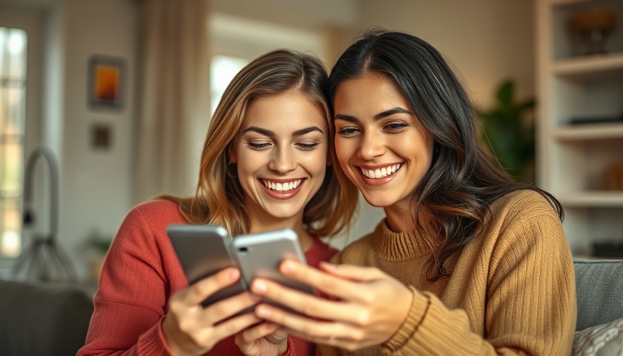 Two smiling women viewing smartphone, illustrating social media authenticity.