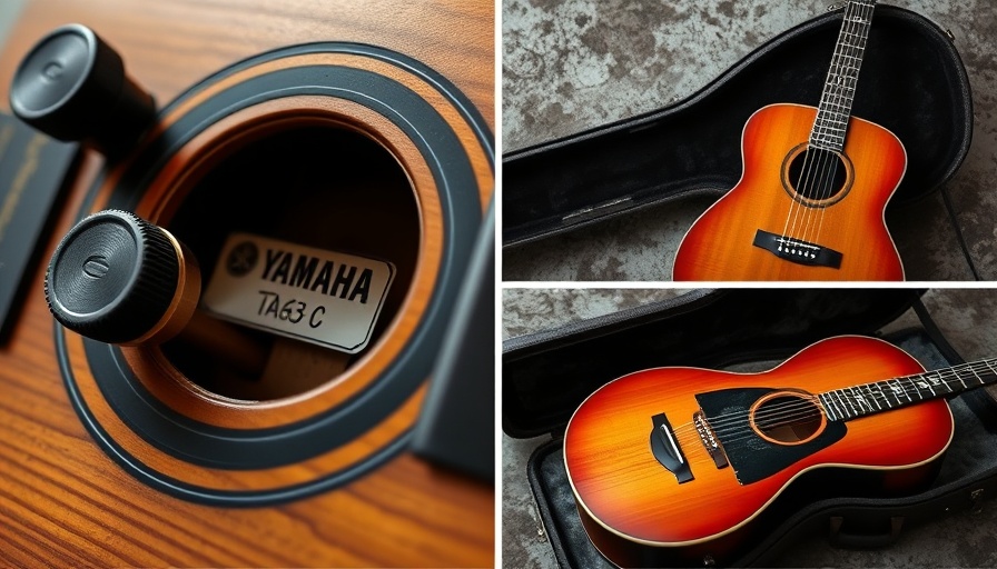 Collage of Yamaha TAG3 C Guitar with case and close-up details.