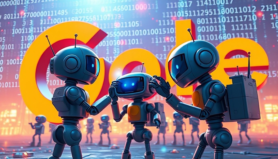 Futuristic robots analyzing Google logo, digital illustration for AI Overviews.