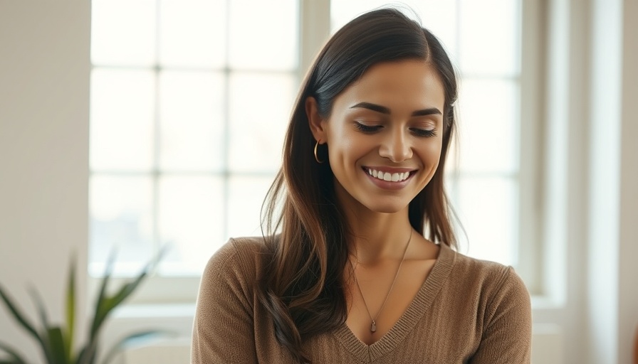 Confident woman of influence smiling in bright room, showcasing leadership.