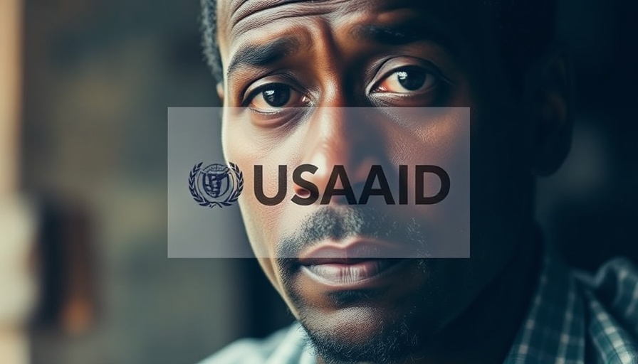 USAID logo overlaid on a concerned man's face, digital art.