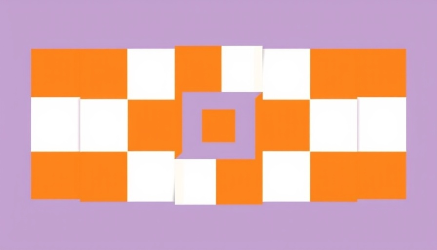 Abstract geometric pattern with orange blocks on lavender background.