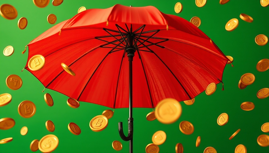 Vibrant red umbrella with falling coins on green background, symbolizing memecoins.