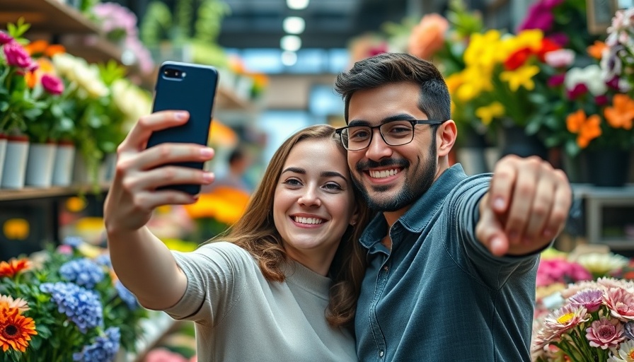 Couple taking selfie in a flower shop with a smartphone