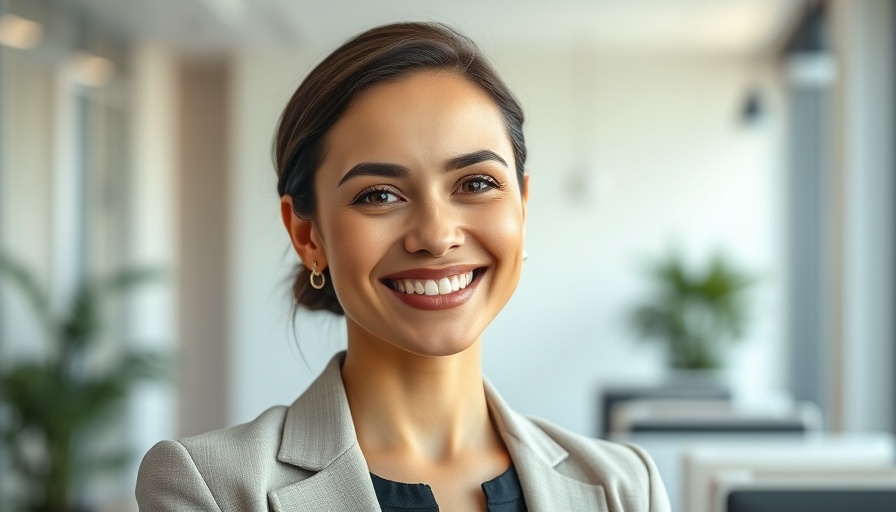 Confident businesswoman in bright office setting.