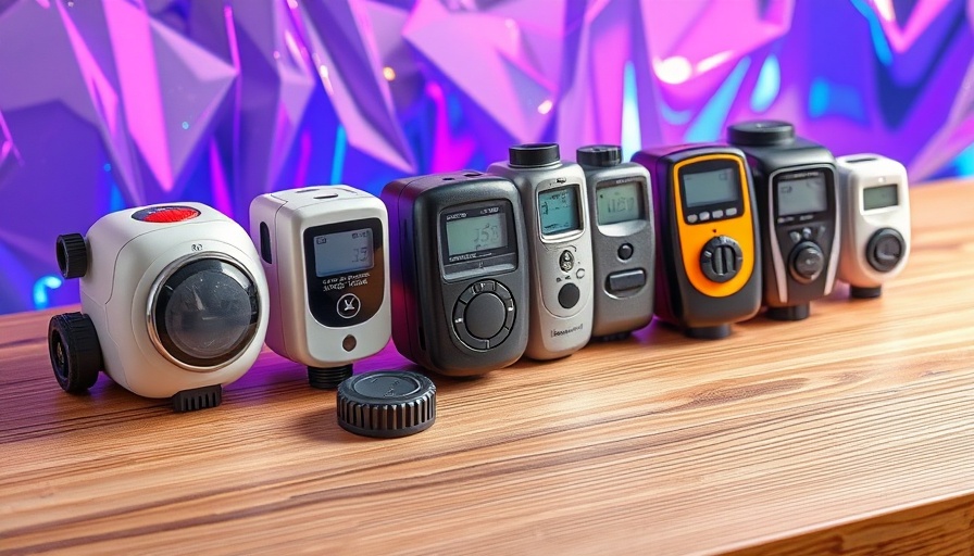 Modern water leak detectors displayed on wooden surface with a holographic backdrop.