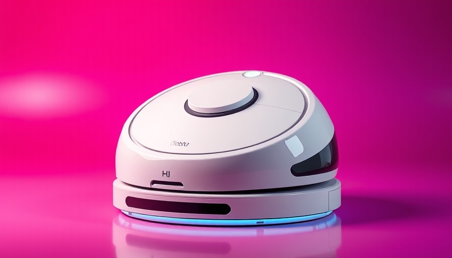 Sleek white robot vacuum with smartphone app and vibrant gradient background.