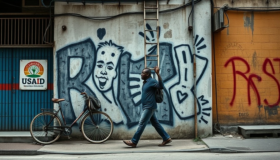 Urban street scene with USAID logo, man carrying ladder, child exploitation concerns.