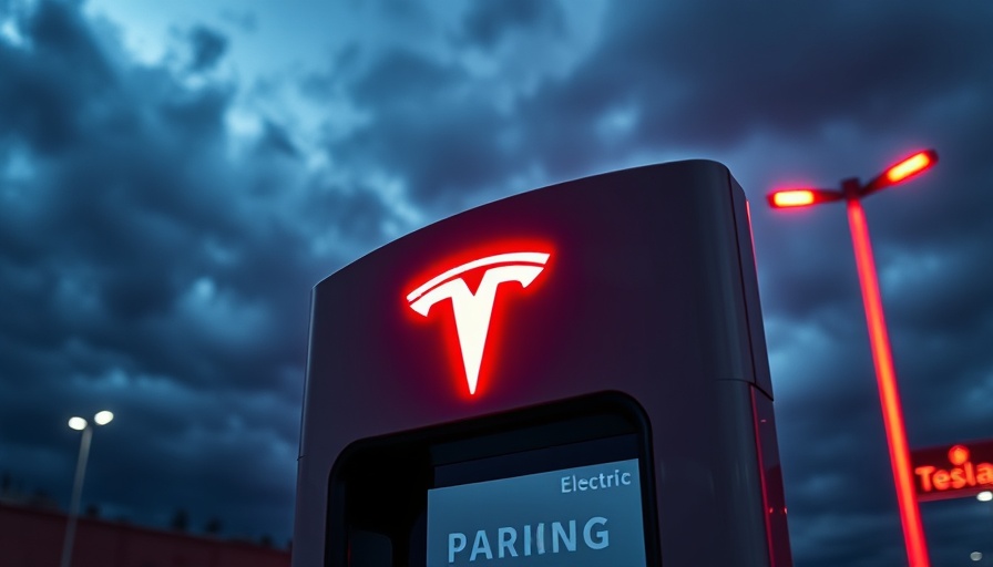 Tesla electric vehicle parking sign with neon effect and stormy sky, illustrating Tesla sales drop.