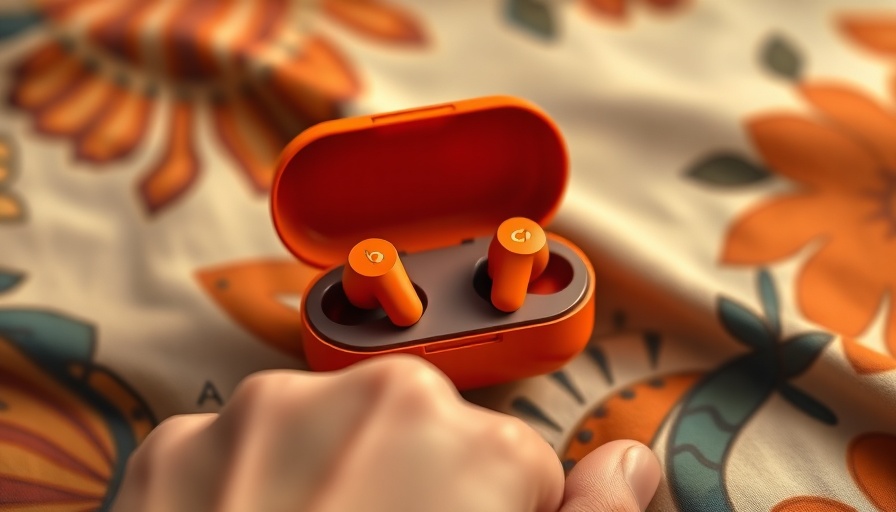 Vibrant orange Beats Powerbeats Pro 2 earbuds in an open case and on a hand, abstract background.