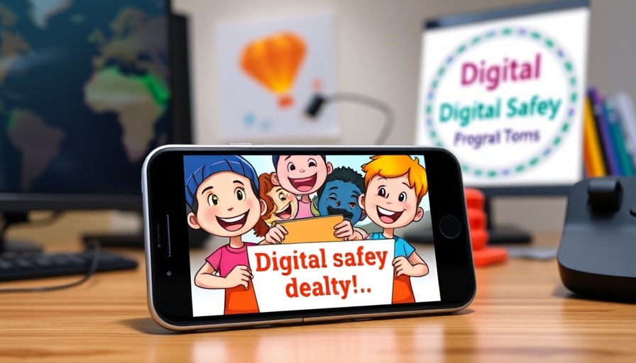 Cartoon characters on phone screen promoting digital safety program.