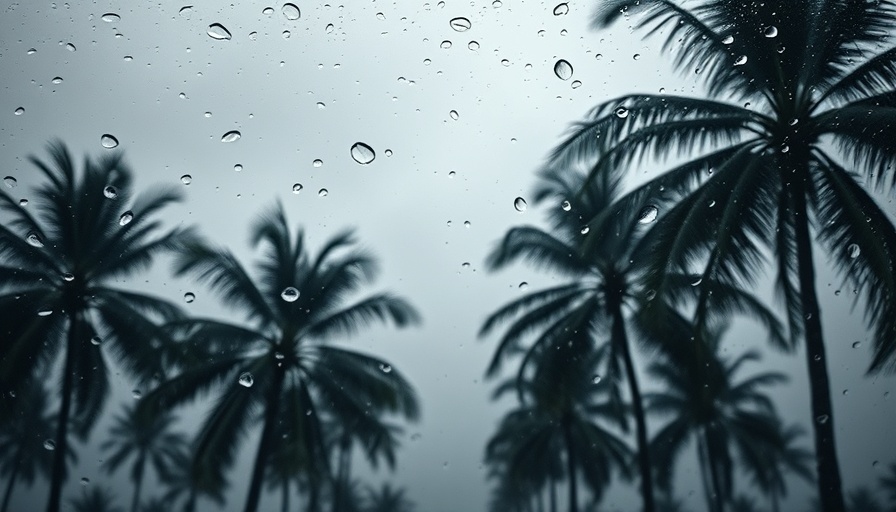 Palm trees during California floods seen through raindrop-covered glass.