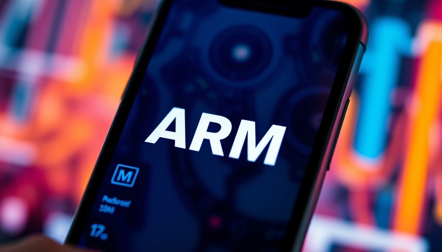 Mobile display showing ARM logo with tech background.