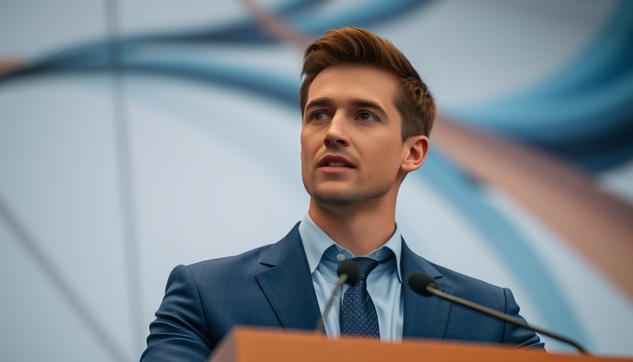 Young man in a blue suit speaking at podium.