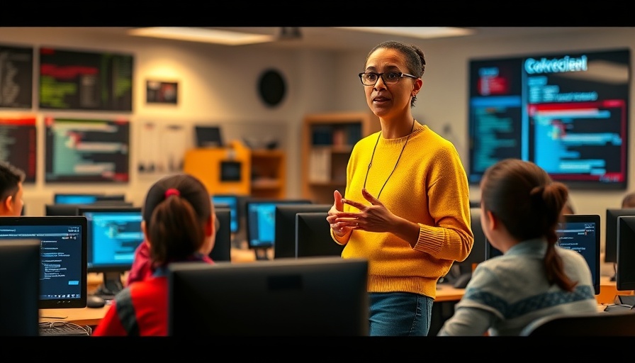 Teacher explains coding in tech classroom, highlighting automation in education.