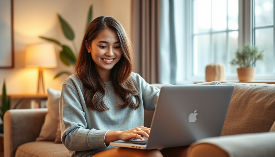 Young woman working on a laptop in cozy space, representing work-life balance.