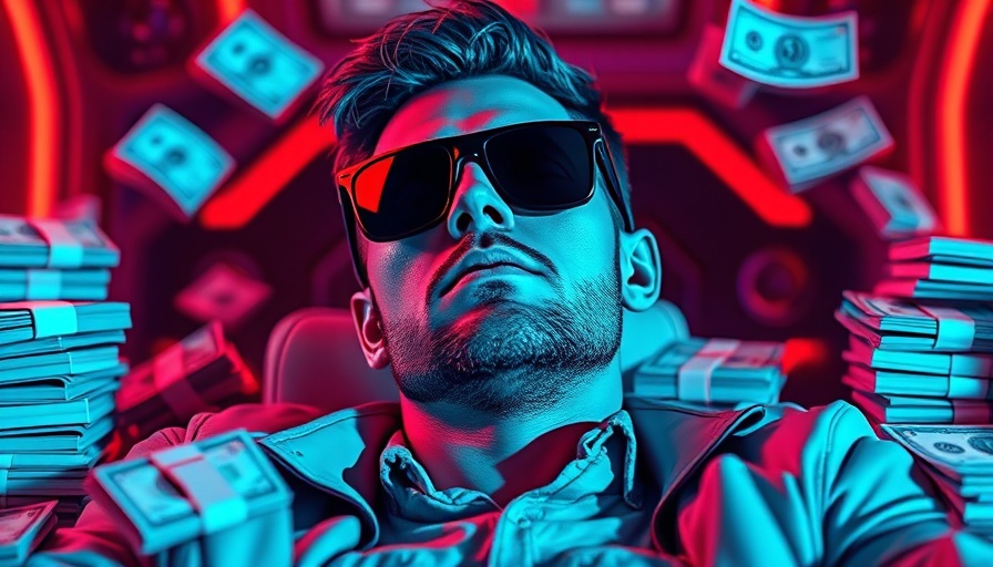 Vibrant image of a man with sunglasses surrounded by money, symbolizing wealth.