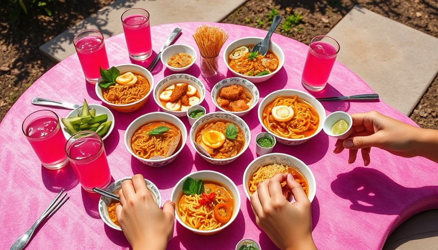 Colorful Samyang instant ramen marketing spread on pink surface.